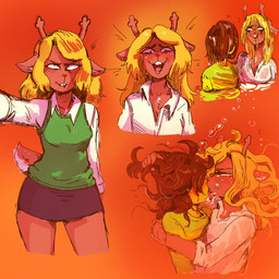 2_horns ambiguous_gender ambiguous_human anthro biped black_bottomwear black_clothing black_eyebrows black_eyes black_freckles black_skirt blonde_eyebrows blonde_hair blush blush_lines bottomwear breasts brown_body brown_ears brown_fur brown_hair brown_horn brown_tail bubble buckteeth cleavage clothed clothed_ambiguous clothed_anthro clothed_female clothed_human clothing collared_shirt dress_shirt duo eye_roll eyebrows female female/ambiguous female_anthro freckled_face freckles french_kissing fur green_clothing green_shirt green_sweater green_sweater_vest green_topwear green_vest hair hair_grab hair_over_eyes horn hug human_on_anthro interspecies kissing long_hair long_sleeves looking_at_another looking_at_partner makeup medium_breasts multicolored_body multicolored_clothing multicolored_fur multicolored_shirt multicolored_topwear nipple_outline open_mouth orange_background pattern_clothing pattern_shirt pattern_topwear pink_tongue red_nose running_makeup scut_tail shirt short_tail simple_background skirt snout snowgrave standing striped_clothing striped_shirt striped_topwear stripes sweater sweater_vest tail teeth tongue tongue_out topwear touching_hair two_tone_body two_tone_clothing two_tone_fur two_tone_shirt two_tone_tail two_tone_topwear underwater vest water wet wet_clothing wet_hair white_body white_clothing white_fur white_inner_ear white_shirt white_tail white_topwear yellow_body yellow_clothing yellow_shirt yellow_skin yellow_topwear currentlytr_ash deltarune undertale_(series) kris_dreemurr noelle_holiday deer human mammal new_world_deer reindeer 1:1 hi_res