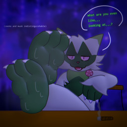 3_toes anthro blue_lighting blunt bodily_fluids claws crossed_legs cute_fangs dialogue drugs fangs feet foot_fetish foot_focus foot_on_table furniture green_body half-closed_eyes humanoid_feet male marijuana musk narrowed_eyes open_mouth photo_background plantigrade red_sclera smoke soles solo speech_bubble substance_intoxication sweat sweaty_feet table teeth text toes idontknowtobehonest nintendo pokemon felid feline floragato generation_9_pokemon mammal pokemon_(species) english_text hi_res mixed_media photography_(artwork)