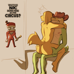 anthro anthro_on_anthro anus big_butt butt caught clothing cowboy_hat duo_focus from_front_position fur green_body green_scales group hat hat_only headgear headgear_only headwear headwear_only hug interspecies leg_grab looking_at_another male male/male mastery_position mostly_nude nipples nude on_lap pink_nipples scales sex surprised thick_thighs thigh_grab white_body white_scales yellow_body yellow_fur yellow_scales scottdeer glitch_productions the_amazing_digital_circus caine_(tadc) gummigoo_(tadc) scratch_(tadc) canid canine canis crocodile crocodilian domestic_dog mammal reptile scalie tooth_creature 1:1 2026 hi_res