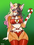 anthro bell bell_collar candy candy_cane christmas_clothing christmas_decorations clothing collar dessert female food heterochromia holidays legwear lingerie orange_body pose split_color stockings underwear nisaku christmas canid canine canis domestic_dog herding_dog mammal pastoral_dog welsh_corgi absurd_res hi_res pinup