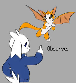 anthro blue_clothing blue_eyes blue_sweater blue_topwear clothing duo eyelashes facial_scar female floppy_ears fur gesture green_eyes grey_background hair hand_gesture looking_at_viewer looking_back looking_back_at_viewer orange_body orange_fur paws pointing pointing_at_another scar scut_tail short_tail simple_background spots sweater tail text topwear white_body white_fur white_hair wings x_scar snailsenate cave_story dust:_an_elysian_tail fidget_(elysian_tail) sue_sakamoto bat lagomorph mammal mimiga nimbat 2026 english_text