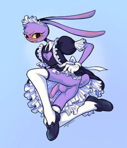 anthro anus backsack balls blush blush_lines bottomwear butt cleavage_cutout clothed clothing clothing_lift crossdressing cutout ear_blush ears_back eyeliner femboy footwear frilly frilly_clothing fully_clothed fur genitals gloves handwear humanoid_genitalia humanoid_penis legwear long_ears maid_uniform makeup male no_underwear penis perineum pivoted_ears presenting presenting_hindquarters purple_body purple_fur shoes short_tail simple_background skirt skirt_lift solo stockings tail teeth toony uniform yellow_eyes yellow_teeth gryphsins glitch_productions the_amazing_digital_circus jax_(tadc) lagomorph leporid mammal rabbit digital_media_(artwork) hi_res shaded