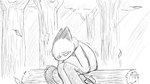 16:9 animal_crossing anthro bent_over bottomwear clothing container dragonweirdo ears_back felid feline female forest hi_res hoodie leaf log mammal markings mole_(marking) monochrome nintendo olivia_(animal_crossing) pants pivoted_ears plant sitting solo topwear tree widescreen wood worried