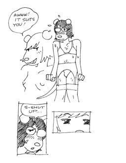 anthro belly_hair blush bodily_fluids body_hair bra breasts bulge chest_hair clothed clothing crossdressing dialogue duo embarrassed eyewear female flying_sweatdrops garter_straps glasses hair half-closed_eyes legwear male narrowed_eyes navel nipples open_mouth round_ears round_nose simple_background skimpy small_breasts speech_bubble standing sweat sweatdrop tail text thigh_highs topless underwear wearing_glasses white_background gaydottiff ash_(gaydottiff) juliet_(gaydottiff) mammal mouse murid murine rodent 2024 black_and_white comic english_text hi_res monochrome sketch trans_(lore) trans_woman_(lore)