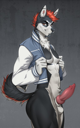 animal_genitalia animal_penis anthro balls blue_clothing canine_genitalia canine_penis clothing curled_tail ear_piercing erection facial_piercing fur genitals hair highlights_(coloring) industrial_piercing jacket knot letterman_jacket lip_piercing looking_at_viewer male multicolored_body multicolored_fur muscular muscular_male neck_tuft nude penis piercing pose red_hair red_penis sheath snakebite_piercing solo standing tail topwear tuft david_morston sebastian_the_husky canid canine canis domestic_dog husky mammal nordic_sled_dog spitz hi_res