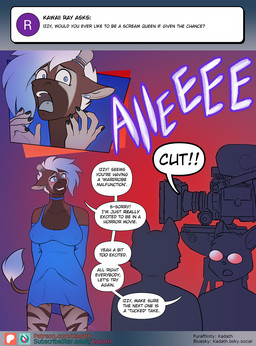 anthro breasts bulge camera clothing dialogue dress erection erection_under_clothing gynomorph intersex screaming text conditional_dnp kadath izzy_(kadath) giraffid mammal okapi english_text hi_res trans_(lore)