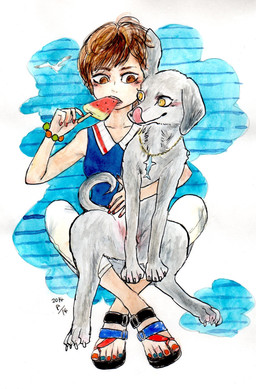 ambiguous_feral ambiguous_gender arm_around_another blue_clothing blue_nails blue_shirt blue_toenails blue_topwear bottomwear bracelet brown_eyes brown_hair capri_pants claws clothing colored_nails digitigrade duo eating eating_food feet female female_human feral fingernails floppy_ears food footwear fur grey_body grey_fur hair humanoid_feet humanoid_hands jewelry licking licking_lips licking_own_lips looking_at_another looking_at_food looking_at_object multicolored_nails multicolored_toenails nails necklace on_lap pants pink_tongue plantigrade popsicle red_fingernails red_nails red_toenails sandals shirt shoes short_hair sitting_on_lap sleeveless_shirt snout tail toenails toes tongue tongue_out topwear white_bottomwear white_clothing white_pants yellow_eyes kyokyota ambient_bird canid canine canis domestic_dog human mammal 2014 hi_res painting_(artwork) pen_(artwork) traditional_media_(artwork) traditional_painting_(artwork) traditional_watercolor_(artwork) watercolor_(artwork)