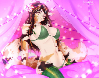 anthro big_breasts bra breasts clothing curtains exposure_variation female fur hair legwear lights looking_at_viewer panties pillow smile solo stockings underwear leonifa felid feline mammal 2019 digital_media_(artwork)