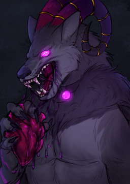 anthro black_background black_collar black_nails black_nose blood blood_on_mouth bodily_fluids collar colored_nails fur gore grey_body grey_fur grey_hands grin heart_in_hand heart_symbol horn male nails orb organs purple_eyes purple_horn purple_orb red_mouth red_tongue simple_background smile solo teeth tongue skwerna_timido canid canine canis demon domestic_dog mammal hi_res portrait