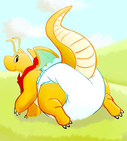 all_fours ambiguous_gender antennae_(anatomy) anthro back_wings blush blush_lines claws clean_diaper cloud detailed_background diaper grass horn kerchief neckerchief neckwear one_eye_obstructed orange_body orange_tail plant red_kerchief red_neckerchief sky small_horn smile solo tail two_tone_tail white_diaper wings yellow_antennae yellow_tail fang29 nintendo pokemon dragonite generation_1_pokemon pokemon_(species) 2021 absurd_res full-length_portrait hi_res portrait
