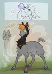 dialogue drinking_potion feral fur grass grey_body grey_fur jewelry necklace plant profanity species_transformation speech_bubble text transformation reysi fray_(reysi) vi-bellum_(hyilpi) camelid llama mammal 2023 digital_media_(artwork) english_text hi_res signature