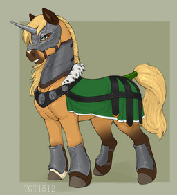 armor armor_plates blonde_hair blue_eyes bound brown_body brown_ears brown_fur brown_inner_ear brown_nose clothed clothing facial_markings feral fur fur_collar green_clothing hair head_markings headgear helmet hooves horn horned_helmet knight leg_markings long_hair male markings metal metal_helmet mottled mottled_body mottled_fur nose_markings open_mouth simple_background socks_(marking) solo tail tail_tied teeth warrior white_body white_fur yellow_body yellow_fur conditional_dnp tgt1512 golden_wing equid equine horse mammal pony digital_media_(artwork) hi_res