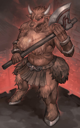 anthro axe battle_axe blush bottomwear breasts brown_body brown_fur clothed clothing female fur holding_object holding_weapon hooves horn loincloth melee_weapon muscular muscular_anthro muscular_female solo standing topless weapon sumo_samo european_mythology greek_mythology mythology bovid bovine mammal minotaur 2020 5:8 hi_res