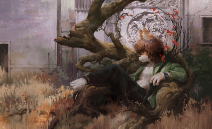 adolescent anthro barefoot bottomwear branch brown_hair claws clock clothed clothing detailed_background ear_markings eyes_closed facial_markings feet fur grass hair head_markings male markings open_clothing open_shirt open_topwear orange_body orange_fur pants plant shirt shrub solo topwear watch white_body white_fur young young_anthro young_male aedbc domestic_cat felid feline felis mammal hi_res