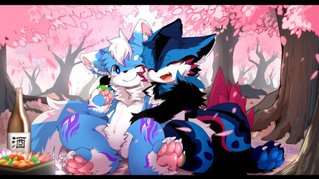 anthro big_eyes blue_body blue_eyes blue_fur cherry_blossom duo eyes_closed flower fur hug kemono male nude_anthro nude_male one_eye_closed open_mouth plant prunus_(flower) slim_anthro slim_male white_body white_fur hlg7777 2022