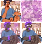 5_fingers 5_toes anthro barefoot black_hair blue_clothing blue_shirt blue_topwear bottomwear brown_body brown_eyes brown_skin clothed clothing denim denim_bottomwear denim_clothing dialogue eyebrows eyes_up eyewear facial_hair feet fingers foot_focus fur glasses hair happy horn human_to_anthro humanoid_feet humanoid_hands instant_transformation jeans magic male minicomic open_mouth pants plantigrade purple_body purple_eyes purple_fur purple_hair purple_smoke sharp_horn shirt smoke soles solo species_transformation speech_bubble text thinking thinking_pose thought_bubble thoughtful_expression toes topwear transformation verbal_reaction_to_tf wool_(fur) brunisdraws brunis_(brunisdraws) bovid caprine human humanoid mammal sheep absurd_res english_text hi_res signature