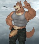 aircraft airplane anthro armpit_hair army balls_outline biceps big_penis biped body_hair bottomwear brown_body brown_fur bulge camo camo_bottomwear camo_clothing camo_pants camo_print clothed clothing cloud detailed_bulge detailed_genitals detailed_penis electronics erection foreskin fully_clothed fur genital_outline genitals glans headphones humanoid_genitalia humanoid_penis male muscular muscular_anthro muscular_male open_bottomwear open_clothing open_mouth open_pants open_smile pants pattern_bottomwear pattern_clothing pattern_pants pecs penis pose shirt smile solo tan_body tan_fur tank_top teeth thick_penis tongue topwear vehicle vein veiny_penis fleshformomo canid canine canis domestic_dog mammal shiba_inu spitz 2022 absurd_res digital_media_(artwork) hi_res pinup