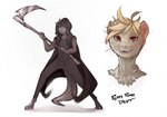 anthro barefoot blonde_hair feet glowing glowing_eyes hair holding_scythe male melee_weapon open_mouth polearm red_eyes scythe simple_background smile solo standing weapon white_background corablue reaps domestic_ferret mammal mustelid musteline true_musteline weasel 2017 digital_media_(artwork)