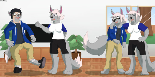 clone duo female gender_transformation male transformation twinning alsoflick canid canine canis human mammal wolf absurd_res hi_res sibling_(lore) twins_(lore)