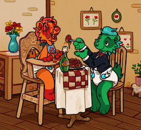 3_toes 4_fingers abdl adult_baby ageplay anthro babying bangs bib black_clothing black_eyebrows black_suit black_suit_jacket blue_bib blue_safety_pin bottomless bow_tie candle candlelight chair checkered cheek_tuft classy clean_diaper closed_smile cloth_diaper clothed clothing cute_fangs cutlery detailed_background diaper diaper_fetish drawer duo eating eyebrow_through_hair eyebrows eyes_closed facial_tuft fangs feeding feeding_another feeding_partner feet fingers fire floor floorboards flower fluffy fluffy_tail food food_on_bib food_on_face footstool fork formal_wear fur fur_markings fur_tuft furniture furry_tail glistening glistening_eyes glistening_hair glistening_nose green_body green_ear green_face green_feet green_fur green_hands green_inner_ear green_leaves green_legs green_neck green_nose green_paws green_snout green_tail green_torso green_tuft hair handpaw hands_on_table happy high_chair hindpaw infantilism inside kitchen_utensils lace laces leaf light lit_candle logo looking_at_another looking_at_partner love loving_gaze male male/male markings meatball messy_eater mouth_closed multicolored_arms multicolored_body multicolored_ears multicolored_fur multicolored_legs on_chair open_mouth open_smile orange_arms orange_body orange_ears orange_face orange_fur orange_legs orange_snout orange_tail pantsless pantsless_anthro pantsless_male pasta paws petals picture_frame picture_on_wall place_mat plant plant_pot plate potted_plant red_arms red_body red_bow_tie red_eyebrows red_face red_feet red_flower red_fur red_hair red_hands red_inner_ear red_legs red_markings red_nose red_paws red_petals restaurant roleplay romantic romantic_couple safety_pin short_tail sitting sitting_on_chair slicked_back_hair smile spaghetti spoon_feeding stone_wall stool suit suit_jacket table tablecloth tail teal_eyes teal_hair teeth text toes tongue tools topless translucent translucent_hair tuft vase wall_(structure) wearing_diaper white_diaper wine_bottle wood wood_chair wood_floor wood_furniture wood_table yellow_flower yellow_petals berrysweetcow redmond_brown tacoma_adams badger mammal mustelid musteline absurd_res artist_logo artist_name colored digital_drawing_(artwork) digital_media_(artwork) hi_res