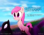 cloud dialogue duo female feral fur hair hooves male outside pink_body pink_eyes pink_fur pink_hair sky text howl_echoes hasbro my_little_pony fan_character earth_pony equid equine horse mammal pony digital_media_(artwork) english_text hi_res