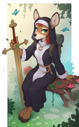 5_fingers anthro biped blush breasts brown_body brown_fur clothed clothed_anthro clothed_female clothing cloven_hooves female fingers front_view fur green_eyes hair holding_melee_weapon holding_object holding_sword holding_weapon hooves inner_ear_fluff looking_at_viewer markings melee_weapon outside red_hair sitting smile solo spots spotted_body spotted_fur sword teeth tuft weapon yakovlev-vad deer mammal 2025 absurd_res digital_drawing_(artwork) digital_media_(artwork) hi_res
