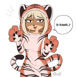 :3 anthro bodily_fluids clothing female kigurumi looking_at_viewer onesie simple_background solo sweat white_background dogfailureowo hana_(dogfailureowo) canid canine canis domestic_dog mammal hi_res