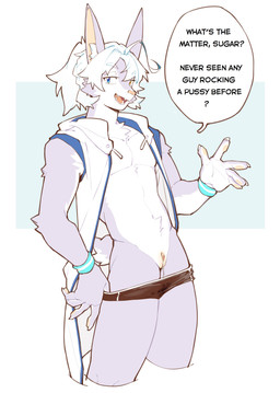 andromorph anthro blue_eyes bodily_fluids clitoris clothing genitals hair heterochromia intersex purple_body simple_background solo speech_bubble text vulva white_background white_body white_hair yellow_eyes shoko_contane boreas_(shoko_contane) bat mammal absurd_res english_text hi_res
