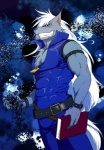 abs anthro biceps book chest_tuft claws clothing fur hair ink long_hair looking_at_viewer male muscular muscular_anthro muscular_male solo tail tuft white_hair jin_(artist) pretty_cure smile_pretty_cure wolfrun canid canine canis mammal wolf hi_res