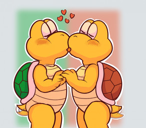 afterimage ambiguous_gender anthro blush duo eyes_closed french_kissing green_shell hand_holding heart_symbol kissing motion_lines red_shell scales shell short_tail tail tail_motion tailwag yellow_body yellow_scales dinim mario_bros nintendo koopa koopa_troopa reptile scalie tortoise turtle 2024 hi_res