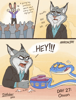 4_fingers annoyed anthro blue_body blue_scales bodily_fluids bottomwear clothed clothed_anthro clothed_female clothed_male clothing count crying day_count dialogue fangs female female_anthro feral fingers food fur grey_body grey_fur group humanoid_hands male male_anthro multicolored_body multicolored_fur onion pants pink_nose plant scales shirt suit tail tears teeth text tongue topwear trio_focus two_tone_body two_tone_fur vegetable white_body white_fur aar0njay disney inktober inktober_2025 nickelodeon spongebob_squarepants zootopia gary_de'snake judy_hopps milton_lynxley european_rabbit felid feline lagomorph leporid lynx mammal oryctolagus rabbit reptile scalie snake 2025 comic english_text hi_res meme