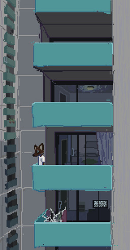 anthro apartment balcony brown_body brown_fur building clothing detailed_background electronics fur male modern_architecture outside shirt solo t-shirt television topwear white_clothing white_shirt white_t-shirt white_topwear window demensa canid canine mammal 2019 digital_media_(artwork) hi_res pixel_(artwork)