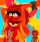 abstract_background chain clothed clothing eyebrows fur male male_humanoid open_mouth orange_clothing orange_shirt orange_topwear raised_arms red_body red_fur red_nose red_tongue sharp_teeth shirt skinny solo teeth thick_eyebrows tongue topwear wristband coolranchdoritoes_(artist) muppets animal_(muppets) humanoid muppet 2023 clip_studio_paint_(artwork) colorful_theme digital_media_(artwork) digital_painting_(artwork) hi_res shaded