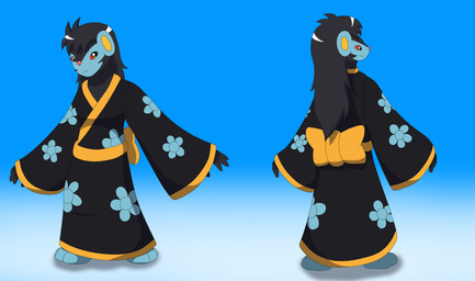 anthro asian_clothing biped black_clothing black_hair black_markings blue_background blue_body blue_clothing bow_ribbon brown_eyes clothed clothing east_asian_clothing female fingers glistening glistening_hair hair japanese_clothing kimono markings multicolored_body multiple_angles paws pink_nose red_sclera simple_background smile solo standing yellow_clothing yellow_inner_ear wolferion nintendo pokemon kirara_(swack16) generation_4_pokemon luxray pokemon_(species) 2015 absurd_res colored hi_res