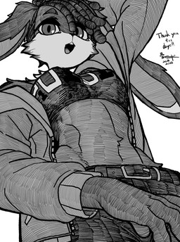 anthro belt breasts clothed clothing crop_top dreadlocks ears_down female fur hair hand_behind_head jacket looking_at_viewer low-angle_view midriff navel_line open_clothing open_jacket open_mouth open_topwear pivoted_ears shirt short_hair solo text topwear bone_nigi lagomorph leporid mammal rabbit 2025 dated digital_drawing_(artwork) digital_media_(artwork) english_text greyscale hatching_(art) hi_res monochrome shaded watermark
