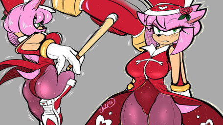 accessory anthro boots butt clothing cosplay female flower flower_in_hair footwear fur green_eyes hair hair_accessory hammer hat headgear headwear high_heeled_boots high_heels legwear leotard pantyhose pink_body pink_fur plant shoes solo sparkles tools chilispice kill_la_kill sega sonic_the_hedgehog_(series) studio_trigger amy_rose nonon_jakuzure eulipotyphlan hedgehog mammal hi_res