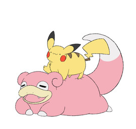 ambiguous_gender cheek_spots closed_smile dot_eyes duo eyes_closed feral fur lying mouth_closed on_front open_mouth paws pink_body red_cheeks simple_background simple_eyes smile standing standing_on_another tail teeth tongue white_background yellow_body yellow_fur yellow_tail piyolondres nintendo pokemon generation_1_pokemon pikachu pokemon_(species) slowpoke 2024 hi_res male_(lore)