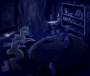 bed bedding blanket blue_body blue_feathers blue_hair book cabinet cutie_mark duo eyes_closed feathered_wings feathers female feral furniture globe hair horn long_hair multicolored_hair night pillow quadruped sleeping tail white_body white_feathers wings grayma1k friendship_is_magic hasbro my_little_pony mythology princess_celestia_(mlp) princess_luna_(mlp) equid equine mammal mythological_creature mythological_equine winged_unicorn 2012 sibling_(lore) sister_(lore) sisters_(lore)