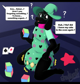 3_toes ace_of_diamonds ace_of_spades ambiguous_gender anthro big_diaper black_body black_fur black_tail block bodily_fluids button_(fastener) card clothed clothing dialogue diaper diaper_under_clothing diaper_under_onesie ellipsis eyewear feet floppy_ears fur genital_fluids glasses green_clothing green_eyewear green_glasses green_hat green_headwear green_onesie hat head_horn headgear headwear heart_symbol high-angle_view holding_block holding_object horn inside kneeling name_in_dialogue offscreen_character on_ground onesie open_mouth pink_scarf playing_card plushie question_mark questioning_ellipsis round_glasses scarf snapsuit solo stitch_(sewing) striped_diaper tail text toes unclean_diaper urine used_diaper using_diaper wall_(structure) wearing_diaper wearing_glasses wearing_hat wet_diaper wetting wetting_diaper wizard_hat shadyadi deltarune undertale_(series) ralsei bovid caprine darkner goat mammal 2025 artist_name english_text hi_res letterbox signature male_(lore)