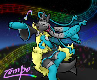 accessory anthro bottomwear clothing crowd female fur group multicolored_body multicolored_fur musical_note musical_symbol necktie night singing skirt solo symbol yellow_body yellow_fur snake_metal_(artist) nintendo pokemon pokemon_legends_z-a vocaloid yamaha_corporation hatsune_miku hatsune_miku_(cosplay) canid generation_9_pokemon mammal mega_evolution mega_lucario_z pokemon_(species) hi_res