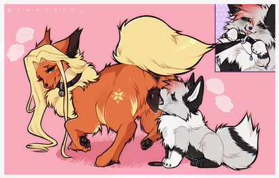 animal_genitalia animal_vulva blonde_hair bodily_fluids canine_genitalia canine_vulva cum cunnilingus duo female female/female feral genital_fluids genitals hair leash leash_pull leashing_viewer long_hair oral sex tail vaginal vulva cedrato nintendo pokemon canid canine eevee eeveelution flareon generation_1_pokemon mammal pokemon_(species)