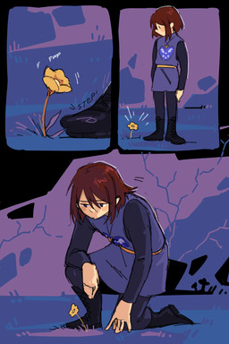 aged_up ambiguous_gender ambiguous_human blush blush_stickers brown_eyes brown_hair clothed clothed_ambiguous clothed_human clothing crouching detailed_background flower hair human_only jewelry necklace not_furry onomatopoeia plant short_hair solo sound_effects tan_body tan_skin text blueskittlesart undertale undertale_(series) chara_(undertale) human mammal 2026 2:3 absurd_res comic digital_drawing_(artwork) digital_media_(artwork) english_text hi_res