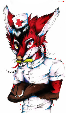anthro black_hair clothing cross fur hair hat headgear headwear male nurse nurse_clothing nurse_headwear pseudo_hair red_body red_ears red_fur simple_background smile solo teeth tentacle_hair tentacles white_body white_clothing white_fur jolokas lapfox_trax renard_queenston canid canine fox mammal hi_res