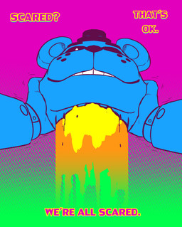 blood bodily_fluids decapitation disembodied_hand duo hallucination machine male mask psychedelic severed_body_part severed_head simple_background smile solo_focus synthwave text fatz_geronimo five_nights_at_freddy's five_nights_at_freddy's_2 hotline_miami scottgames toy_freddy_(fnaf) animatronic bear human mammal robot crossover english_text