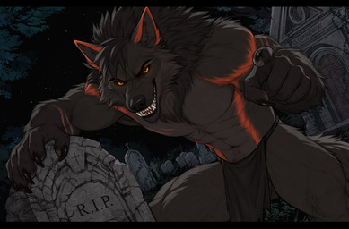 amber_eyes anthro black_bars black_body black_fur bottomwear cemetery clothing fierce fur grey_body grey_fur loincloth looking_at_viewer male male_anthro night orange_body orange_fur outside solo tail tombstone clockhands mythology kael_(beleynn) canid canine canis mammal mythological_canine mythological_creature werecanid werecanine werecreature werewolf wolf absurd_res hi_res letterbox