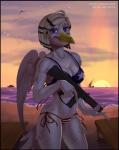 5_fingers anthro beach beak big_breasts bikini black_border blonde_hair blue_eyes border breasts clothing detailed_background eyebrows female fingers gun hair looking_at_viewer non-mammal_breasts ranged_weapon seaside smile solo stripes swimwear two-piece_swimsuit united_states_of_america weapon white_body wings lilychaos avian bird gull lari larid 2019 absurd_res hi_res portrait