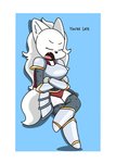 anthro armor armwear blush clothing eyes_closed female fluffy fluffy_tail footwear fur legwear open_mouth reclining_pose simple_background solo tail text topwear white_body white_fur nicky_illust blanca_(nicky_illust) canid canine canis domestic_dog mammal nordic_sled_dog samoyed spitz english_text hi_res