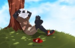 3_toes anthro barefoot black_pawpads claws clothing discarded_clothing discarded_footwear eyes_closed feet footwear hindpaw male pawpads paws plantigrade sandals shoes soles solo toes super-tuler tairu bear giant_panda mammal