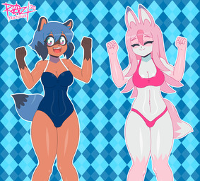 anthro bikini blue_hair brown_body brown_fur clothing duo female fur hair long_hair one-piece_swimsuit pink_body pink_fur pink_hair plantigrade short_hair smile swimwear two-piece_swimsuit razplus brand_new_animal studio_trigger michiru_kagemori nazuna_hiwatashi canid canine fox mammal raccoon_dog tanuki animated