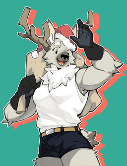 anthro bottomwear christmas_clothing christmas_headwear clothing fur gloves grey_body grey_fur handwear hat headgear headwear holidays horn male santa_hat shirt shorts simple_background solo tank_top topwear white_body white_fur shoko_contane christmas deer mammal new_world_deer reindeer hi_res
